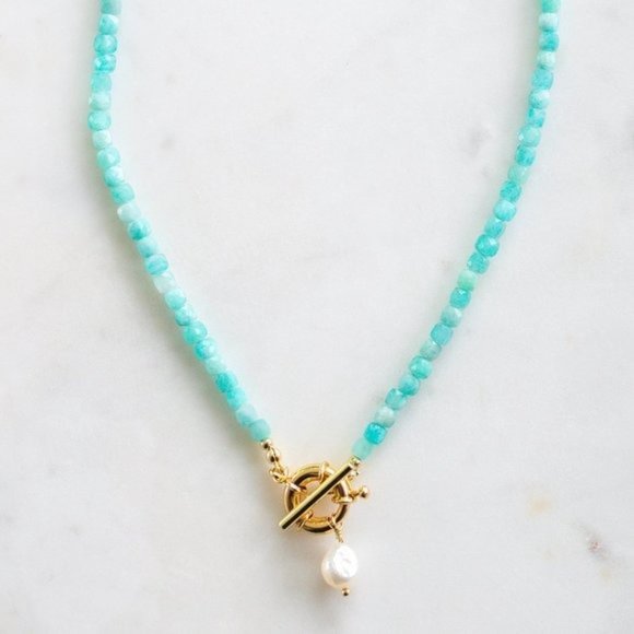 Amazonite Gemstone Necklace Gold Toggle Clasp Removable Baroque Pearl Genuine - Picture 5 of 12
